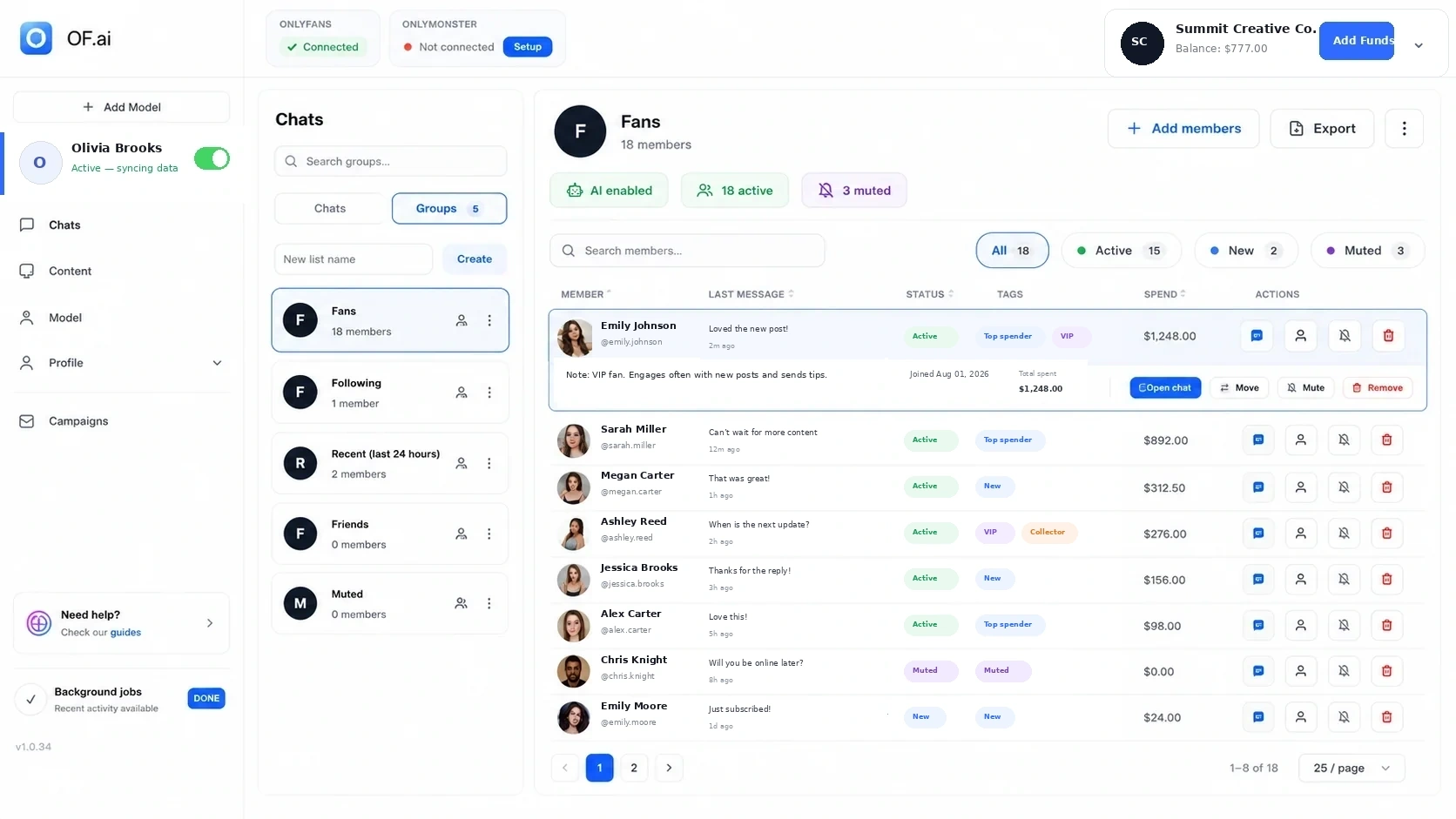 OF.ai fan groups workspace interface