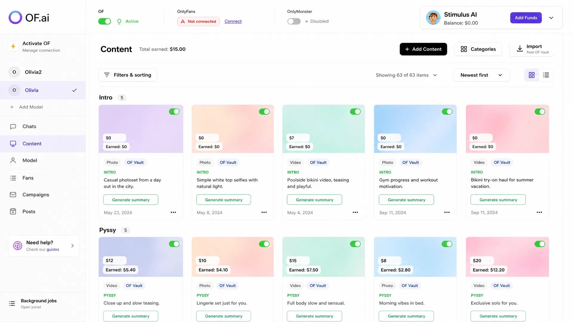 OF.ai Content Library — manage, tag, and price your content for automated delivery
